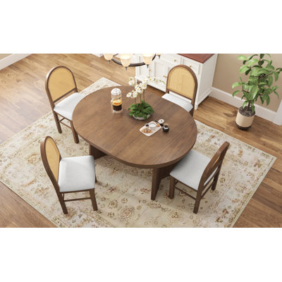 5-Piece Round Dining Table Set, Extendable Dining Table Set With 4 Upholstered Chairs, Kitchen Table And Chairs Set For Dining Room And Kitchen