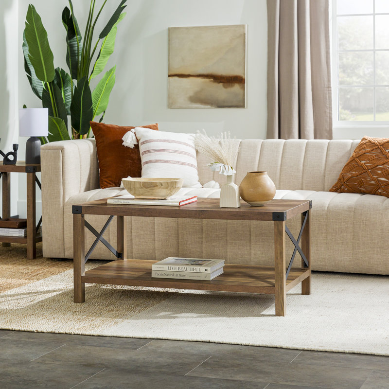 Larenda Coffee Table with Open Storage Shelf, Rustic Oak