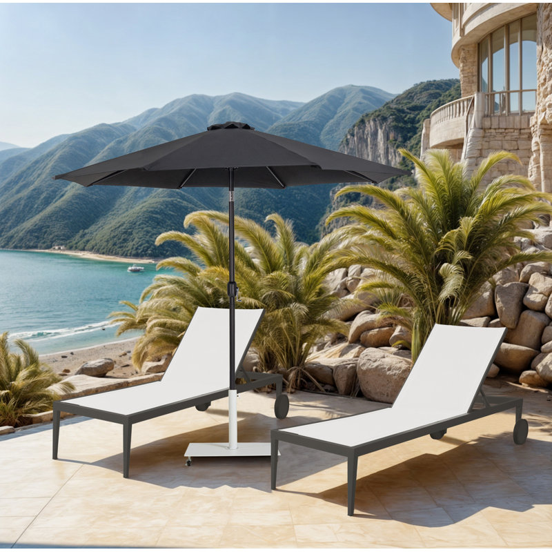 Parasol de patio en tissu / aluminium avec base Chavelle, Noir / blanc, Noir