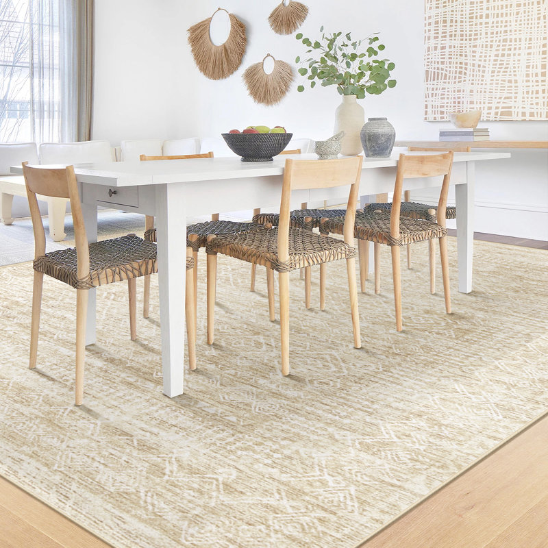 Tapis beige lavable à motif géométrique bohème marocain 5 pi x 7 pi - antidérapant et résistant aux taches, Beige