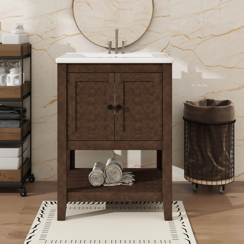 Meuble-lavabo moderne 24 po avec lavabo en céramique élégant et tablette ouverte, Brun