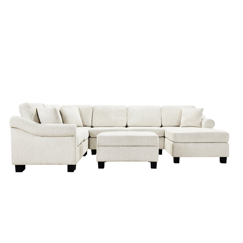 Canapé modulaire en chenille blanc en forme de U de 111,8 po pour espace de vie principal avec rangement mobile, 6 sièges, accoudoirs roulés et dossier rembourré, offrant une expérience d'assise confortable