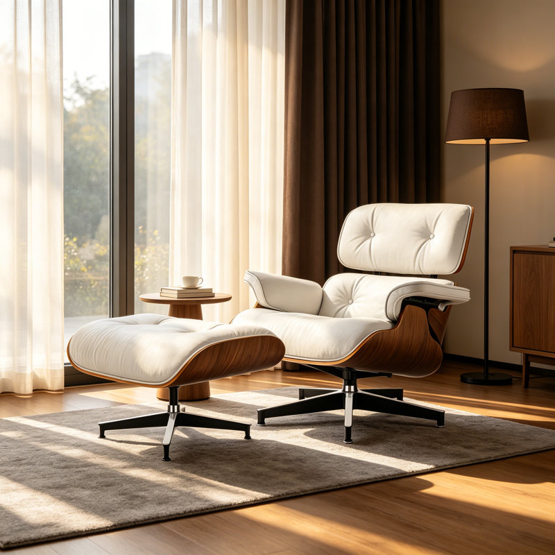 Fauteuil pivotant et repose-pieds en cuir fleur, Blanc/noyer