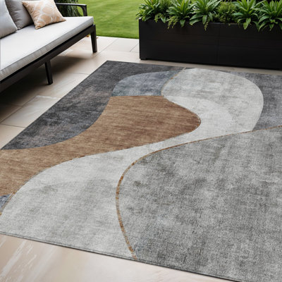 Tapis extérieur lavable abstrait gris anthracite et brun 5 pi x 8 pi