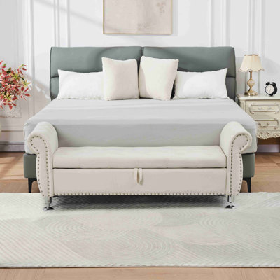 Banc de rangement en velours doux avec boutons en cristal et 1 coussin