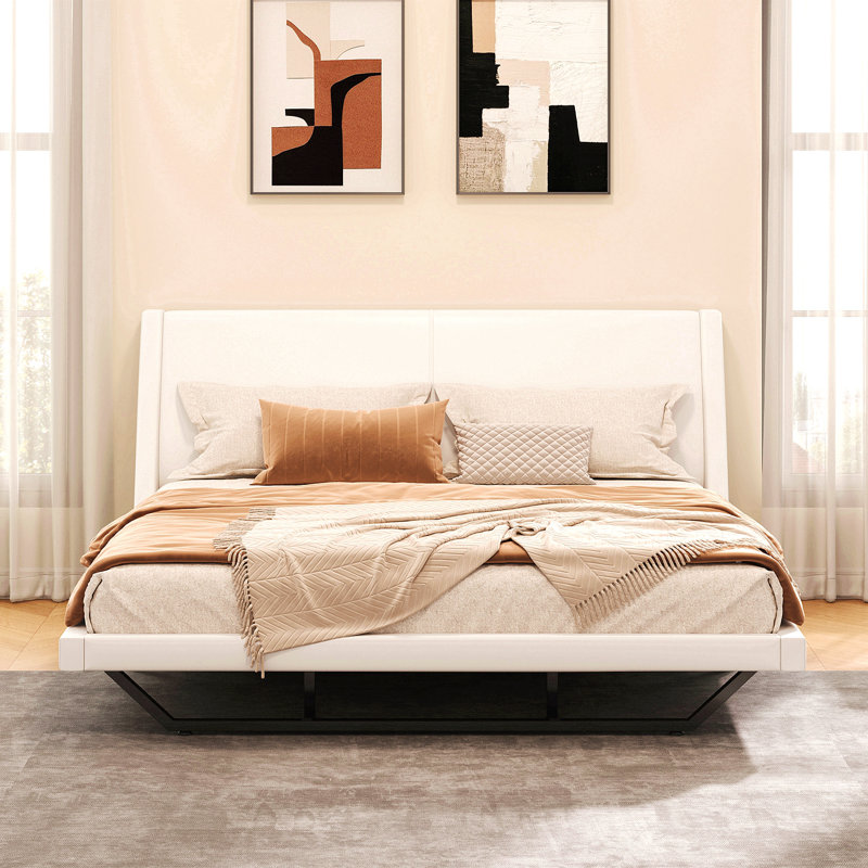 Queen Size Upholstered Bed Frame, Pu Leather Platform Bed With Wave-Like Curve Design And Trapezoidal-Shaped Leg, No Box Spring Needed, White