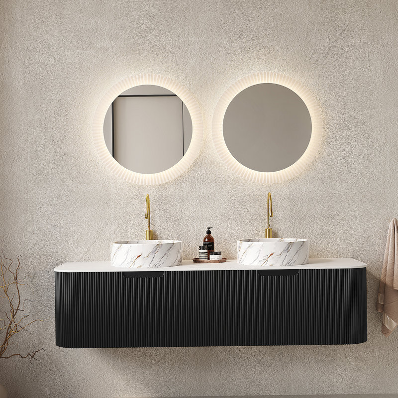 Meuble-lavabo mural flottant avec lavabos, armoire de rangement, tiroirs et lavabos en céramique, idéal pour l'organisation et le style de la salle de bain