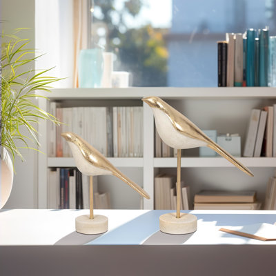 Exquisite Bird Figurine Sculpture – Sleek Decorative Objects And Statues For Kitchen Decor – Contemporary Bird Accent For Home Decor And Decorations For Living Room, Entryway, Or Shelf Display – Set of 2, 12", White & Gold