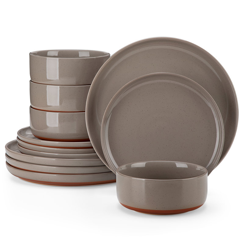 12 Pcs Ceramic Dinnerware Set, Plate And Bowls With Non Slip Base, White Stoneware With Specks, Dinner Plates, Dessert Plates And Bowls For 4 Person, Vertical Edge