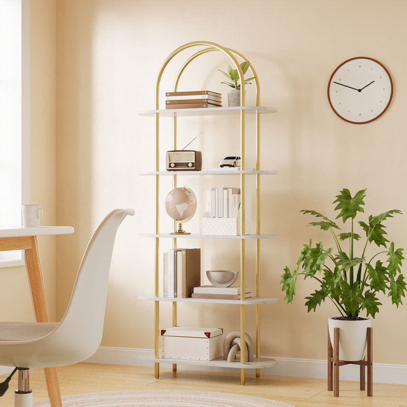  5 Tier Arched Bookcase, 71" Tall Industrial Open Book Shelf, Modern Freestanding Shelving Unit Storage Organiser with Metal Frame, for Living Room, Bedroom, Home Office