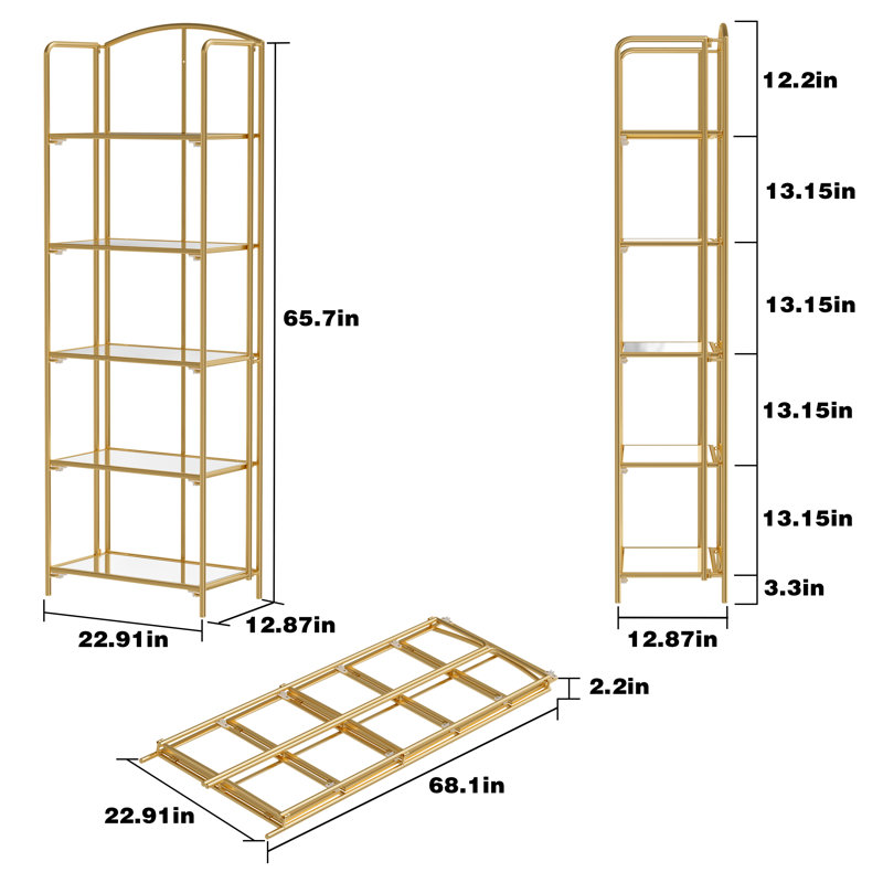 Sylvius Bookcase, (5 Shelves) 65.7" H x 22.91" W x 12.87" D, Gold