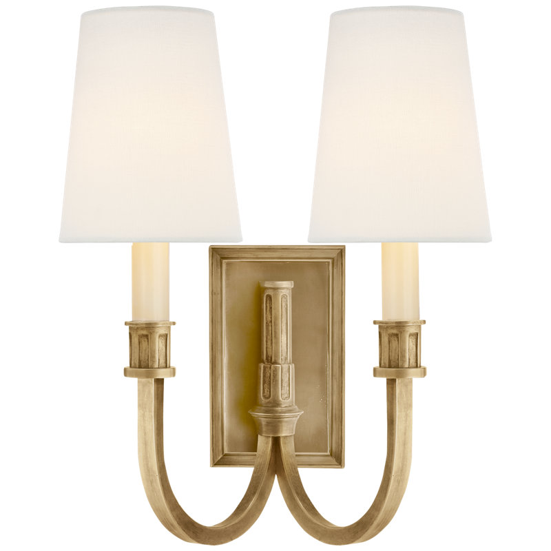 Thomas O'Brien Modern Library Double Sconce, Hand-Rubbed Antique Brass, Fabric