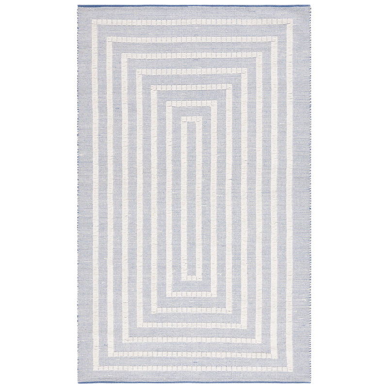 Natura Flat Weave Wool/Cotton Striped Rug in Ivory/Blue, Rectangle 5' x 8'