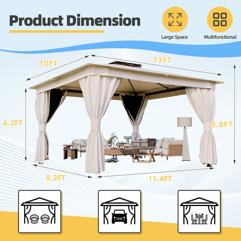10'x13' Soft-top Gazebo, Heavy-Duty Outdoor Gazebo with Double Roofs, UV Protection & Curtains – Ideal for Patio, Deck, Lawn, and Backyard Use, Kahaki