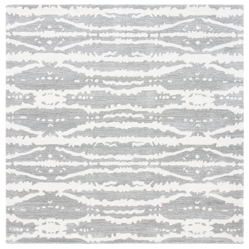 Benny-Lee Hand Tufted Viscose/Wool Ikat Rug in Gray/Ivory, Square 6'