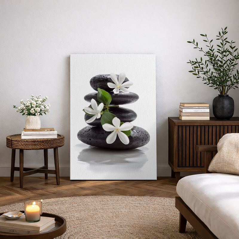 Zen Stones "Basalt with Calming Plumeria Flowers Artwork, Relaxing Spa Bathroom Pictures, Extra Large Framed Canvas Giclee Print Wall Art"