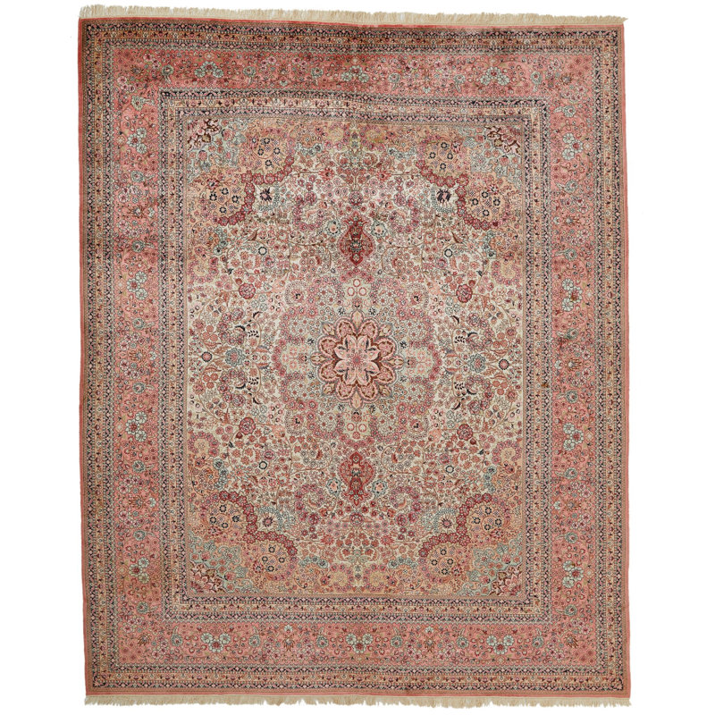 8x10 Ivory and Pink Turkish Silk Rug