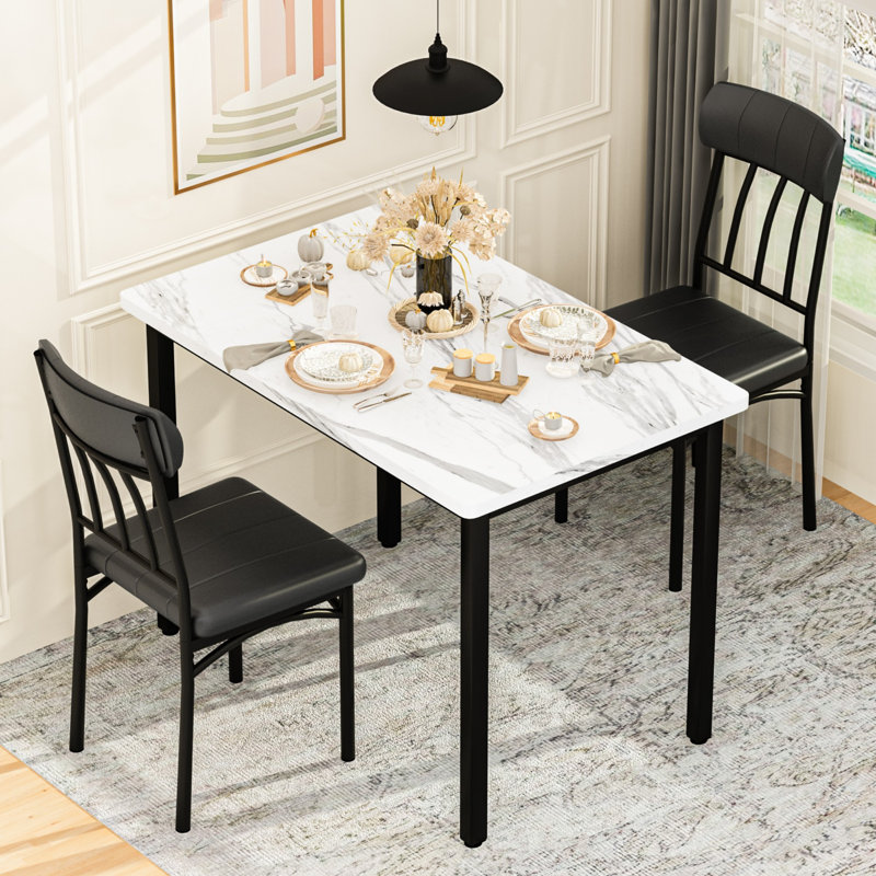 Ensemble de table et chaises de cuisine 3 pièces, ensemble de table de salle à manger pour 2 personnes, ensemble de table de salle à manger rectangulaire avec deux chaises et plateau en marbre, ensemble de table de salle à manger avec dossier pour pet