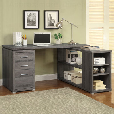 Bureau en forme de L gris avec 3 tiroirs Tona, parfait pour le bureau à domicile et pour un design peu encombrant.
