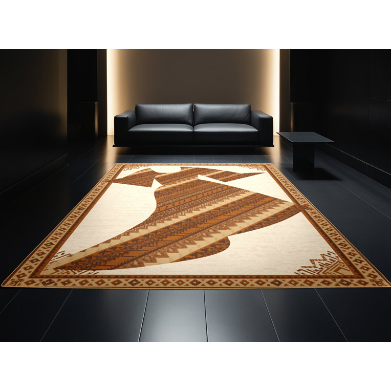 Tapis moelleux doux à motif géométrique d'inspiration mondiale Elwell - brun clair, 7 x 10
