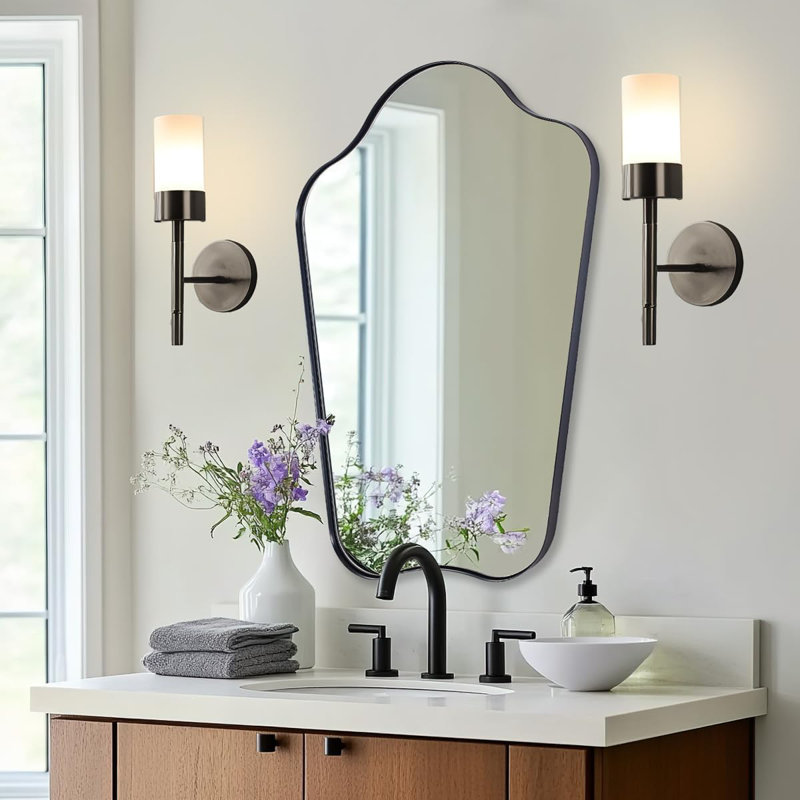 Contemporary Dual Arch Scalloped Bathroom Vanity Mirror | Stainless Steel Frame, 36" x 24", Matte Black