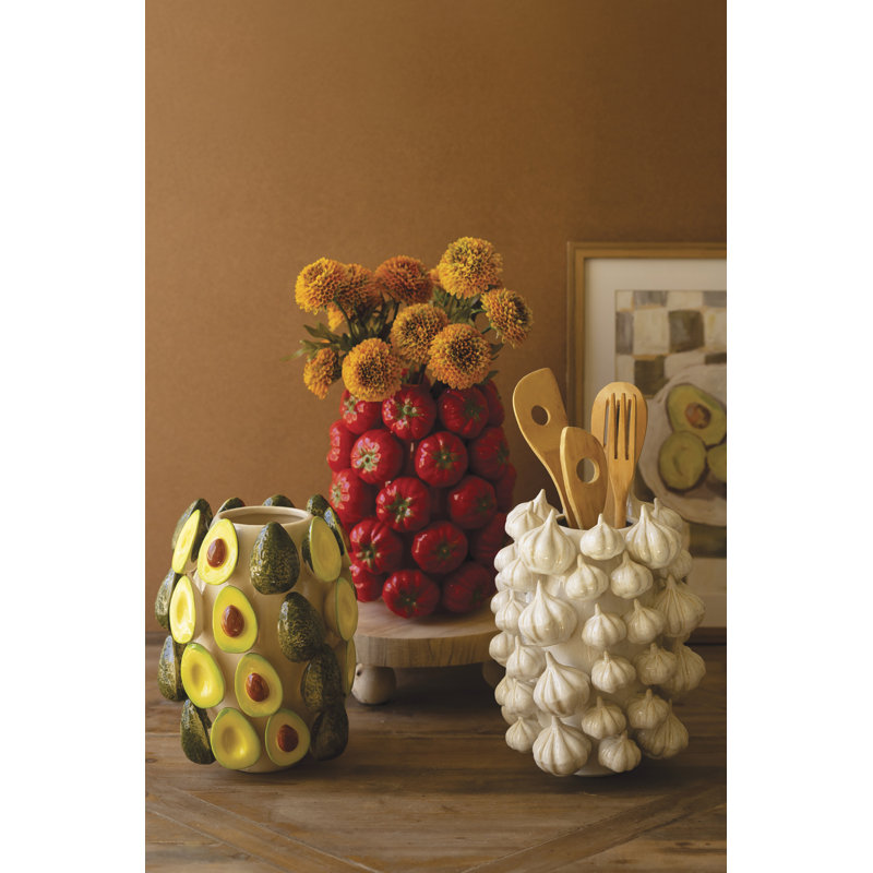 Kalalou Ceramic Vase – Garlic – 11" Tall Hand-Painted Fruit Design
