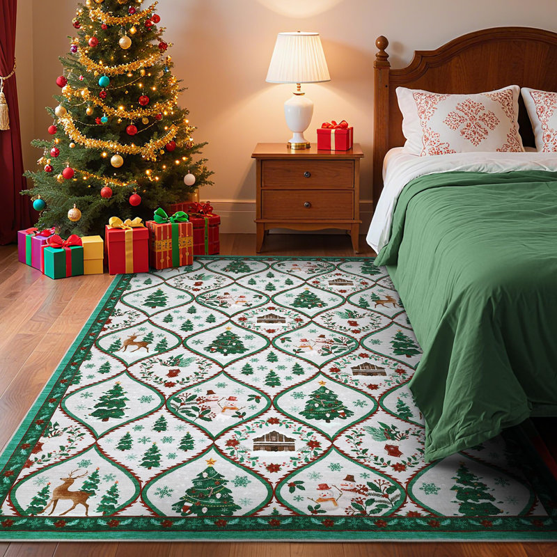 8x10ft Washable Christmas Area Rug Non Slip Decorative Xmas Holiday Carpet with Santa & Reindeer Print Soft Non Shedding