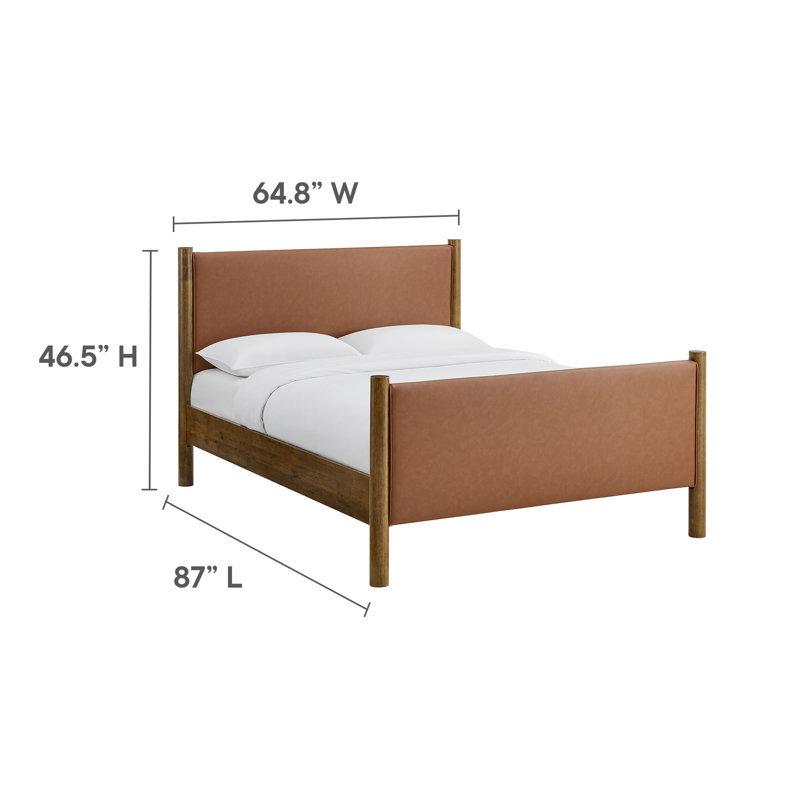 Maven Vegan Leather Upholstered Platform Bed, Solid + Manufactured Wood, Tan Walnut, Queen