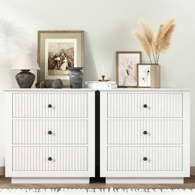 3-Drawer Dresser 24"W Solid Wood Fluted Chest With Built-In Outlets ( Set Of 2 )