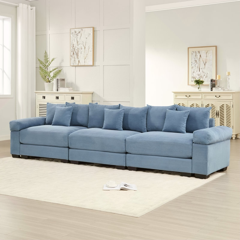 Canapé modulaire surdimensionné de 130 po en forme de nuage, canapé 3 places en velours côtelé de qualité supérieure avec accoudoirs très épais, coussin ergonomique, conception ergonomique et assemblage facile, idéal pour les salons, bleu