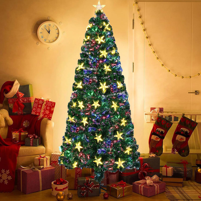 Arbre de Noël à fibre optique de 7 pi avec de grandes étoiles, épinette artificielle avec support en métal, arbre de Noël pour décoration des Fêtes