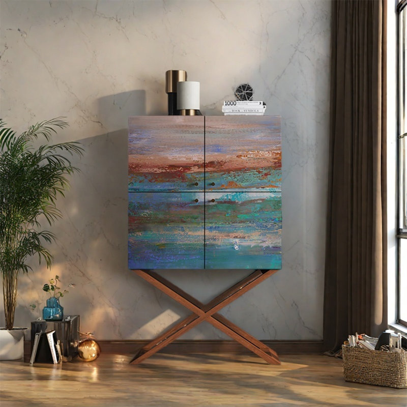 Armoire de rangement avec plateau en noyer, Bleu / rose / brun