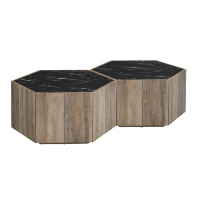 Hexagonal Rustic Retro Wood Coffee Table, With 2 Hidden Drawers, Textured Marble Tops, - Perfect For Living Room & Reception Areas by George Oliver