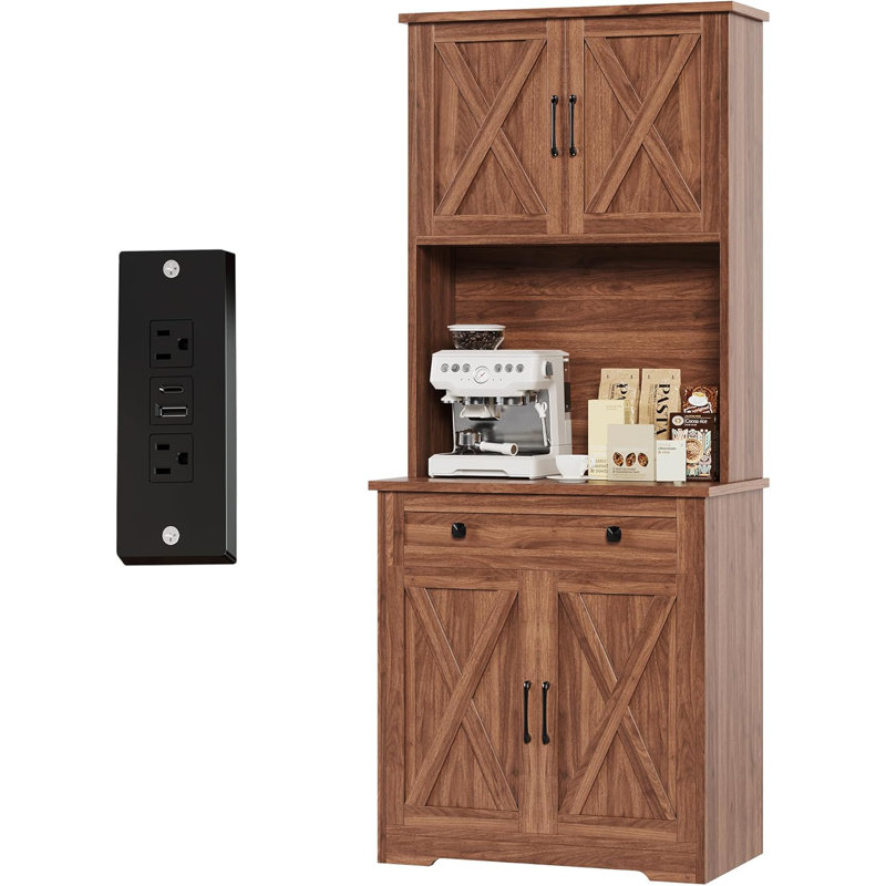 Armoire de cuisine de 71 po de hauteur avec station de charge, huche de ferme avec support à micro-ondes, armoire de rangement avec tiroir et portes, brun
