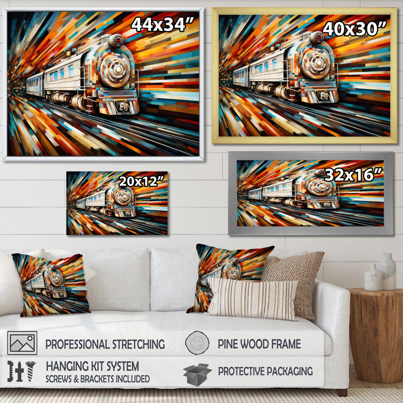" Abstract Train Geometric Express I ", White Floater Framed, 24" H x 32" W x 1" D