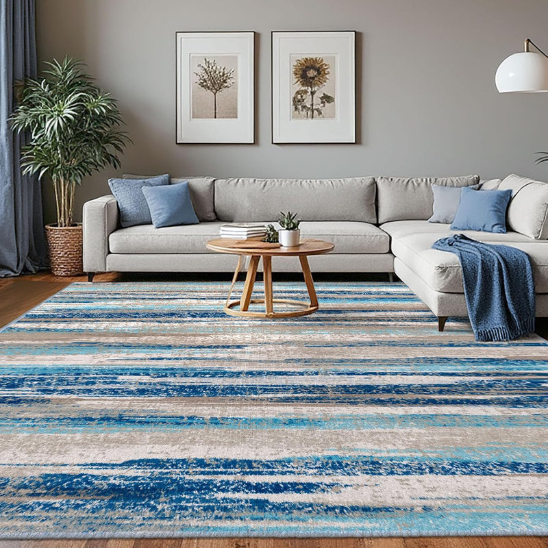 Area Rugs Washable Non Slip Rug With Rubber Backing for Living Room Bedroom, Rectangle 8' x 10', Blue/Beige/Brown