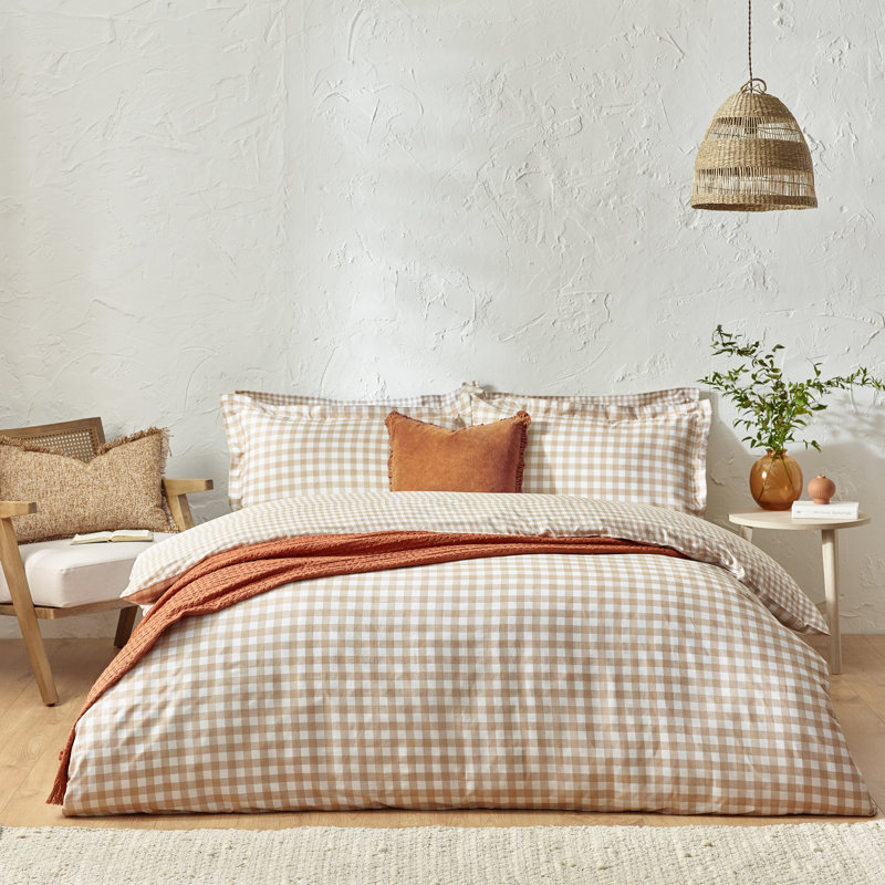 Barton Gingham Check Duvet Cover Set, Beige/White, Double Duvet Cover + 2 Standard Pillowcases