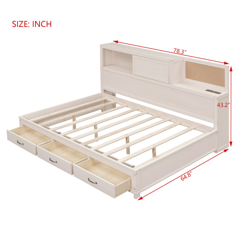 Full Size Daybed With A Set Of Sockets And USB Ports, Bed Frame With 3 Storage Drawers And Side Storage Board(White), White