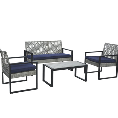 Ensemble de mobilier de jardin gris 4 pièces avec coussins bleus et table en bois, structure résistante aux intempéries, coussins imperméables, pour balcon, pelouse ou terrasse, design modulable, idéal pour véranda ou jardin.