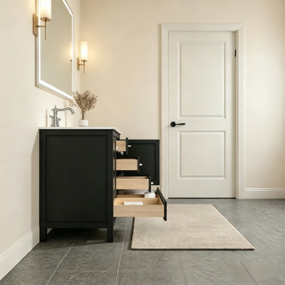 Meuble-lavabo autoportant de 48 po avec comptoir en céramique blanc brillant, 9 tiroirs, 2 tiroirs, gris pavé, moderne, résidentiel, luxe abordable, hôtels, centres commerciaux