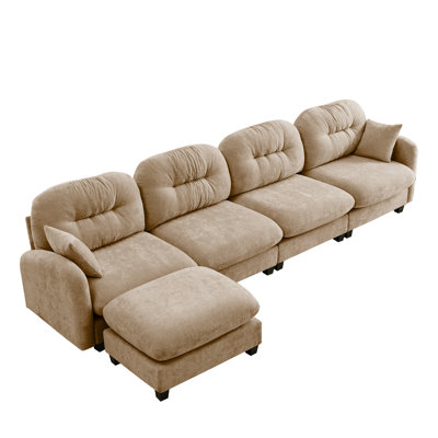 140" Wide L-Shaped Sectional with Ottoman, 130.7" Seating Width Chenille Sofa, Camel
