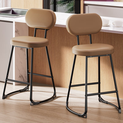 Bar Stools Set of 2, Counter Height Bar Stools, PU Upholstered Oval Cushion Seat with Backrest and Metal Legs, Bar Chairs for Kitchen, Dining Room, Bar, Cafe