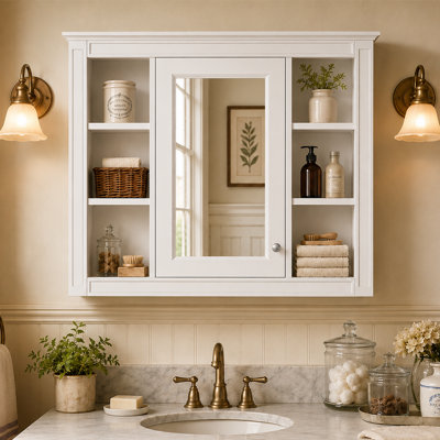 Armoire de rangement murale 35 po x 28 po en MDF avec miroir et 6 tablettes ouvertes