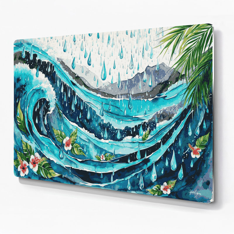 Motif de pluie hawaïenne, art mural en métal bleu, H 8 po x l 10 po