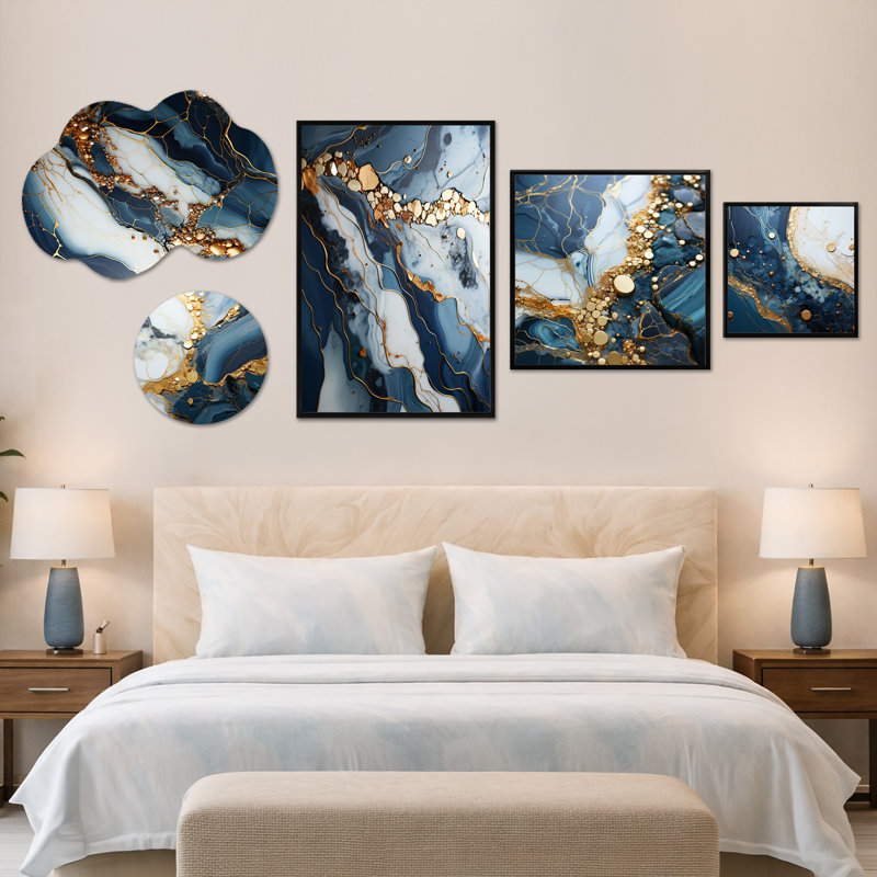 Gold & Blue Geode Art II - Large, art mural abstrait, ensemble de 5 reproductions d'art sur toile et métal (100 po x 40 po)