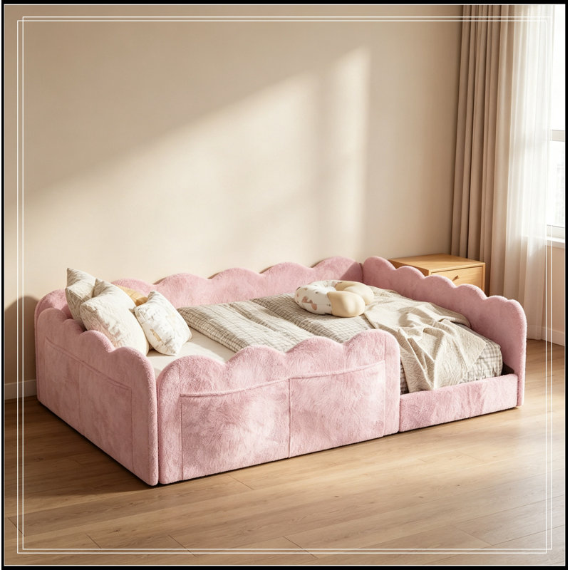 Lit double tapissier sur pied, Gris clair