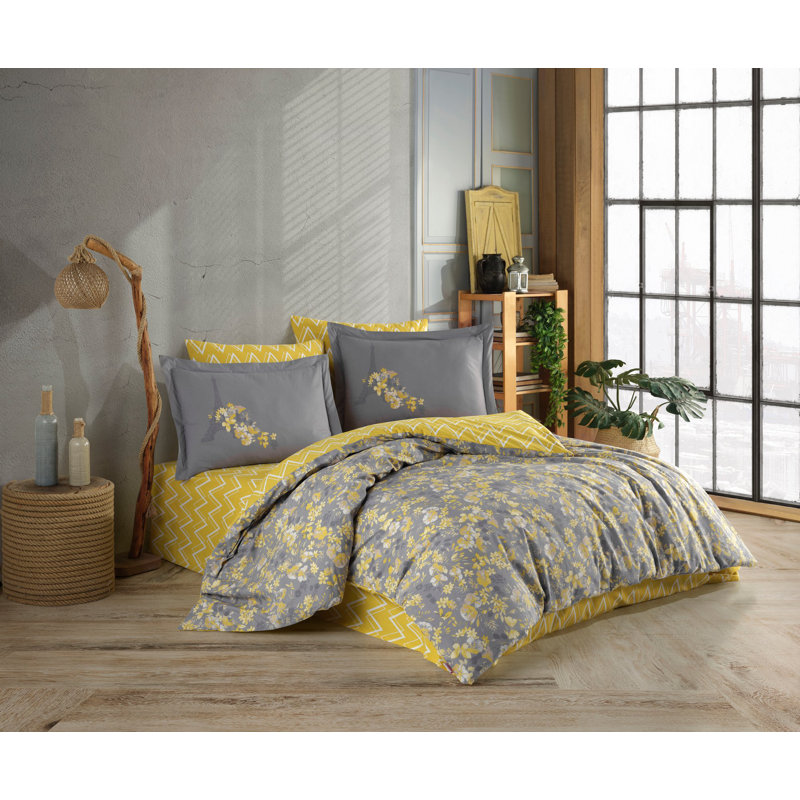 Ensemble de housse de couette simple 100% coton, jaune et gris | Housse de couette 63 x 87, drap plat 63 x 94, taie d'oreiller 20 x 28 | Lavable à la machine, 152 fils, fermeture à boutons pour couette, taie d'oreiller