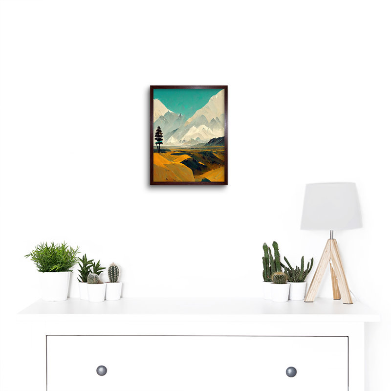 Lone Tree Snowy Mountain Abstract Landscape - Print, Brown Framed Paper, 25.9cm H x 20.6cm W
