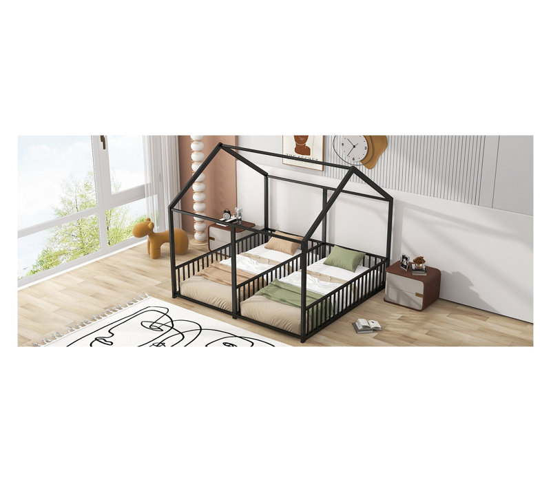 Lits plateforme en métal pour lit simple pour enfants, cadre de lit à deux places noir avec garde-corps de sécurité