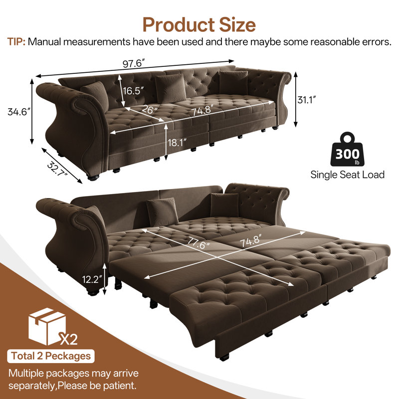 Canapé-lit 98 po très grand Chesterfield, H 34,6 po x l 98 po x P 33 po, Brun